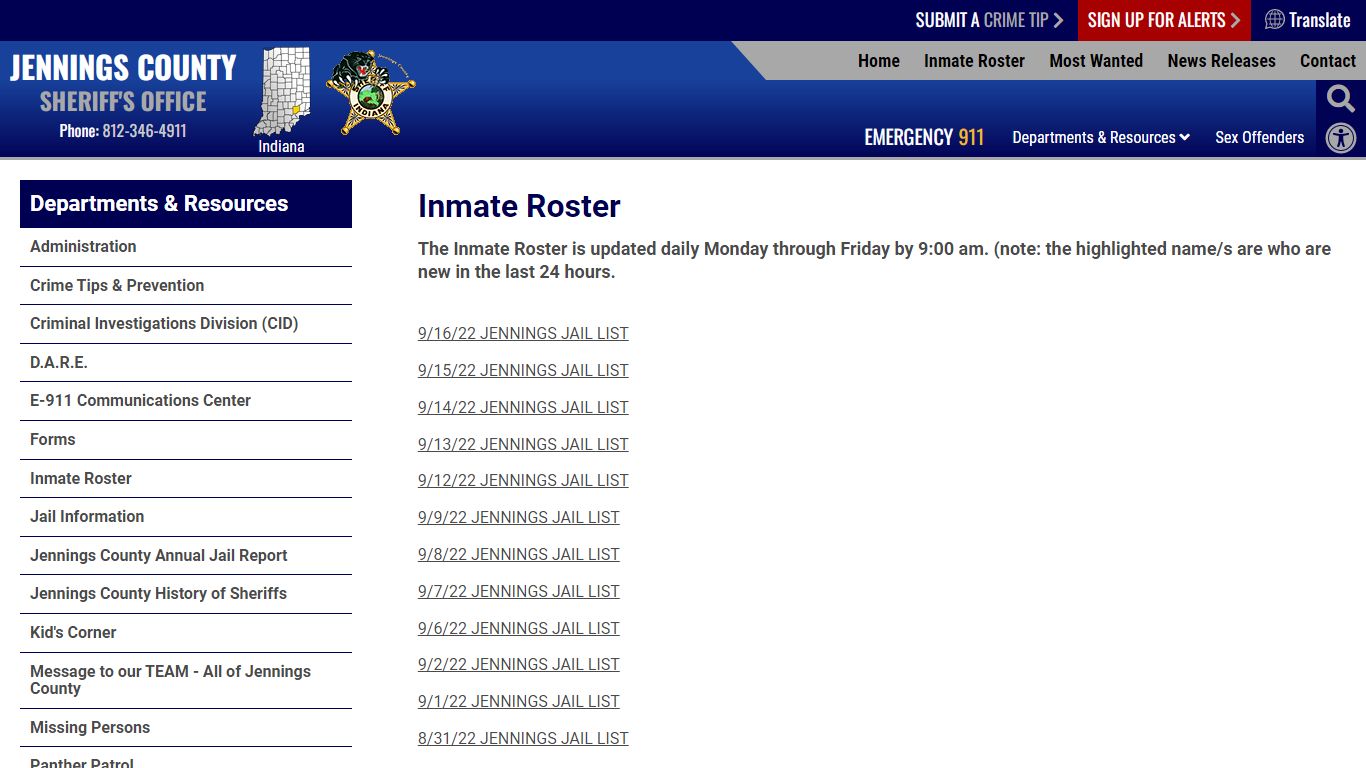 Inmate Roster | Jennings County IN Sheriff